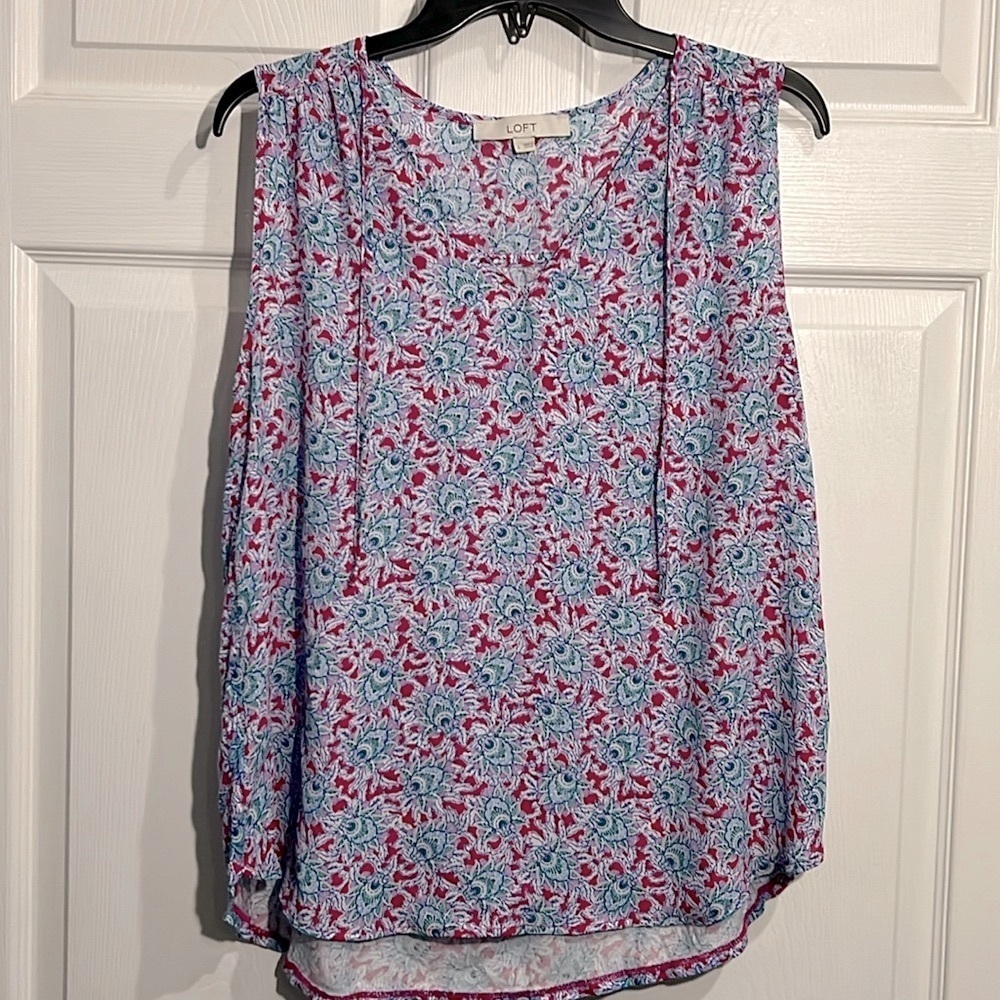 Loft Bloom Tie Neck Mixed Media Shell - Size Large - Multicolored